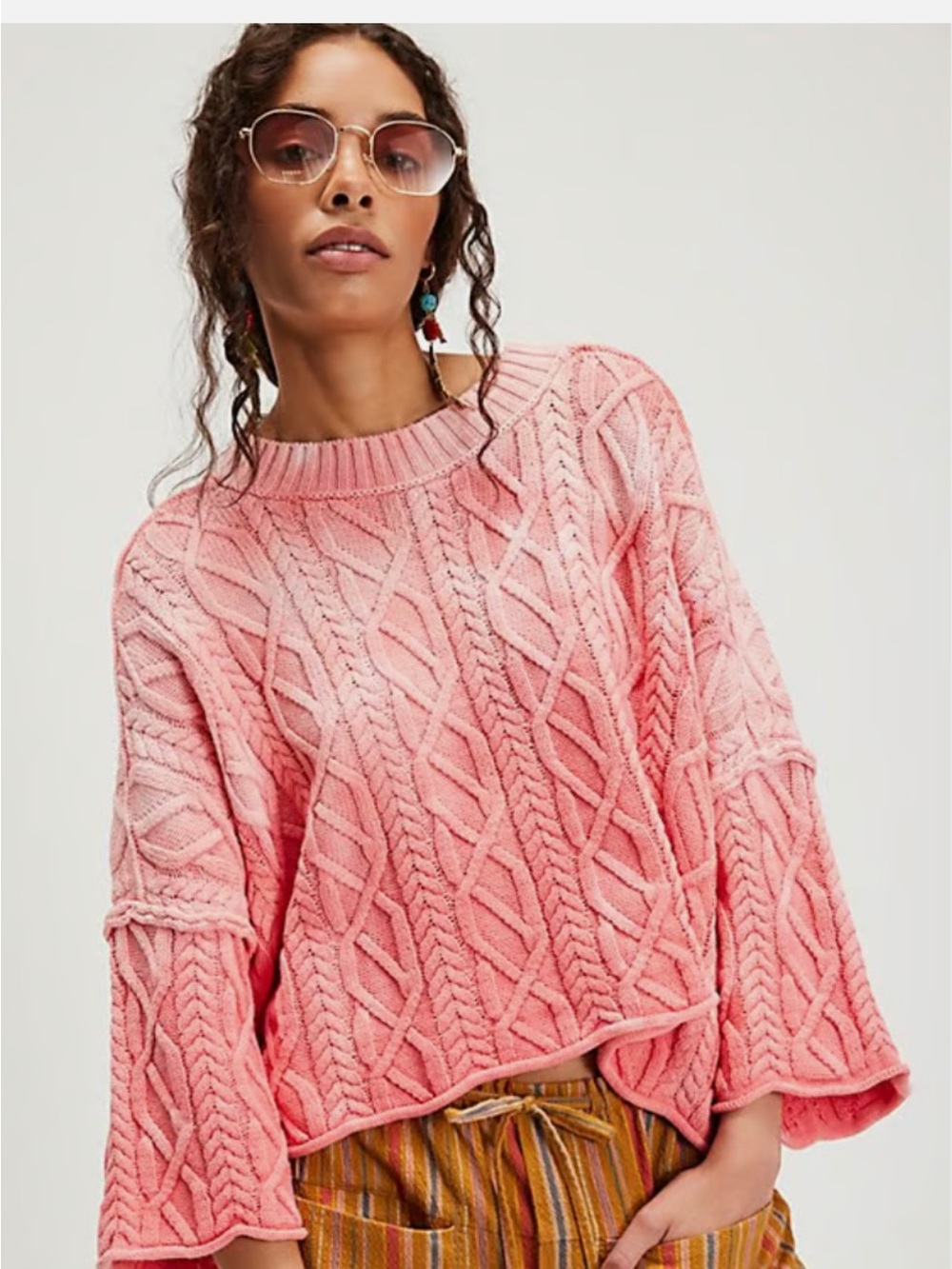 Free People Pink Cable-Knit Crewneck Sweater
